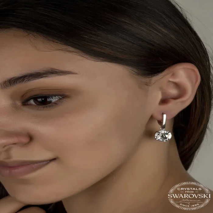 Luz&Pos Swarovski Crystal Taşlı Gümüş Beyaz Sallantılı Kadın Küpe