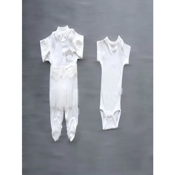 Luz&Pos Taçlı Prensesim Nakışlı  10lu Zıbın Takımı Hastane Çıkışı Ekru