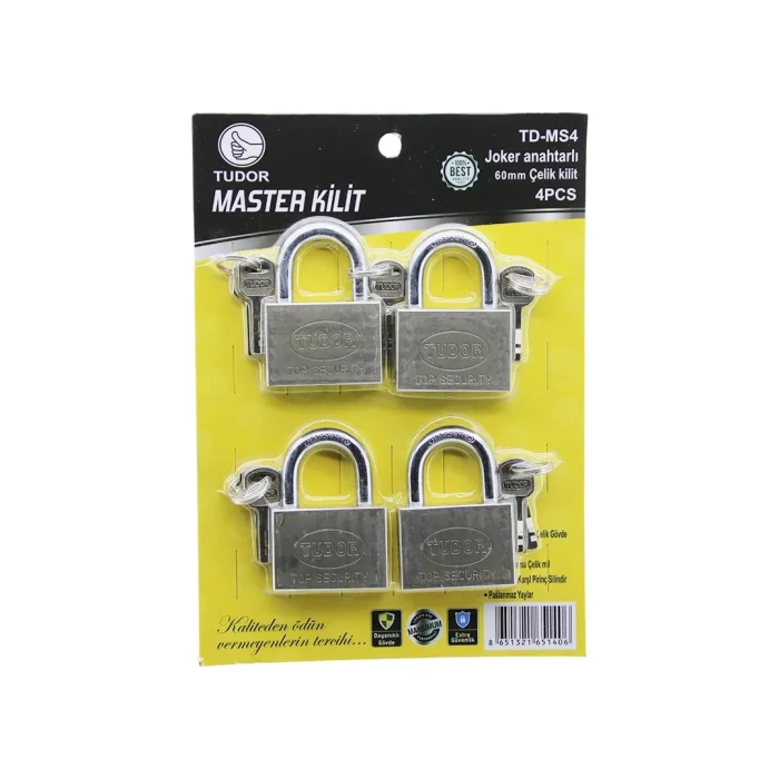 Tudor Td-ms4 Master 4pcs Joker Anahtarlı=tek Anahtarla 4 Kilit Aç  60mm - Gri Kısa Kancalı Çelik Asma Kilit