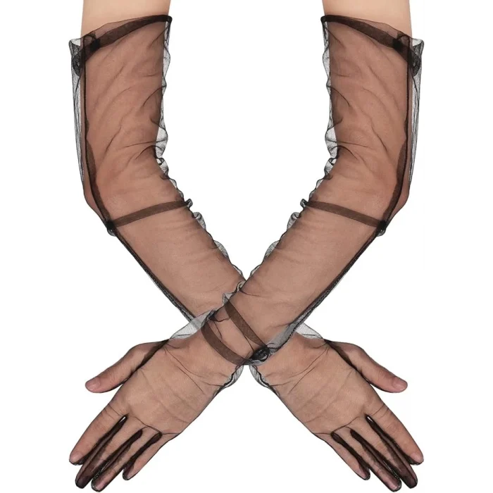 Uzun Boy Likralı Siyah Renk Yetişkin Mega Tül Eldiven 53 Cm