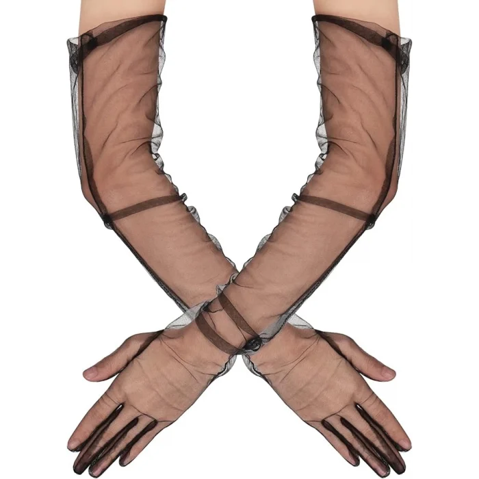 Uzun Boy Likralı Siyah Yetişkin Mega Tül Eldiven