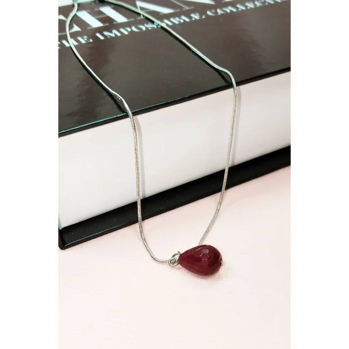 Yakut Doğal Taşı Zincirli El Yapımı Kolye Uç: 1,5 cm Zincir: 20 cm Kutulu