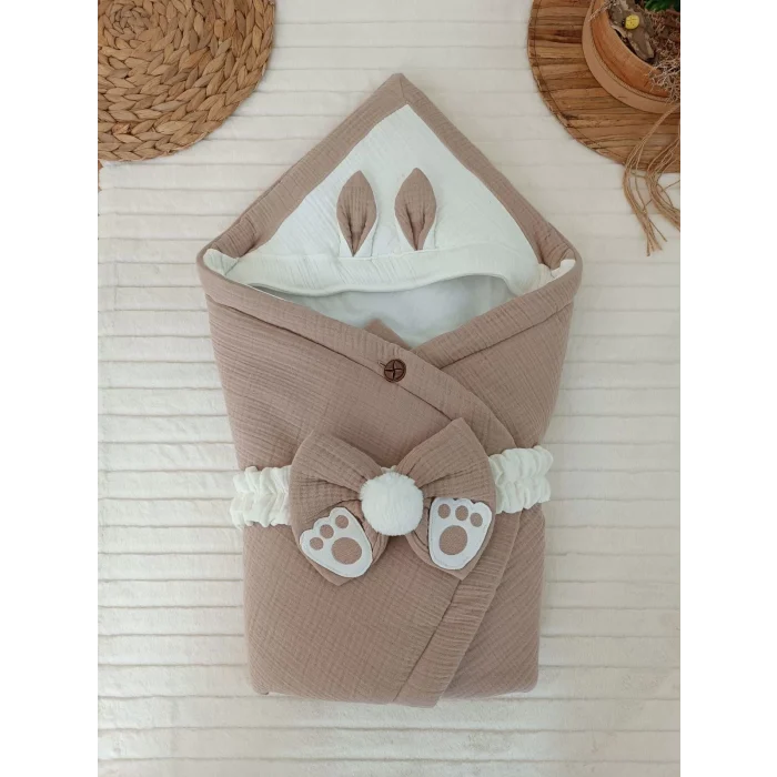 Luz&Pos Yenidoğan 4 Kat Müslin Kumaş Kulaklı Patili Fiyonk Bebek Battaniyesi Kundak Yeşil