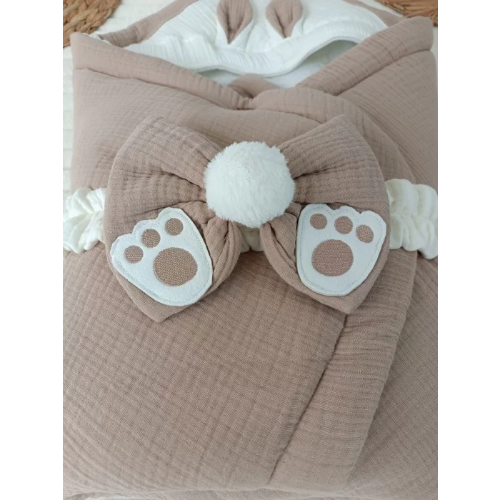 Luz&Pos Yenidoğan 4 Kat Müslin Kumaş Kulaklı Patili Fiyonk Bebek Battaniyesi Kundak Yeşil