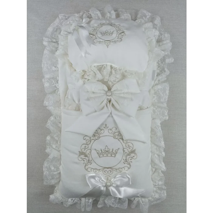 Luz&Pos Yenidoğan Antalya Taç Nakışlı Kundaklı Trilüks Unisex 3lü Alt Açma Seti Ekru