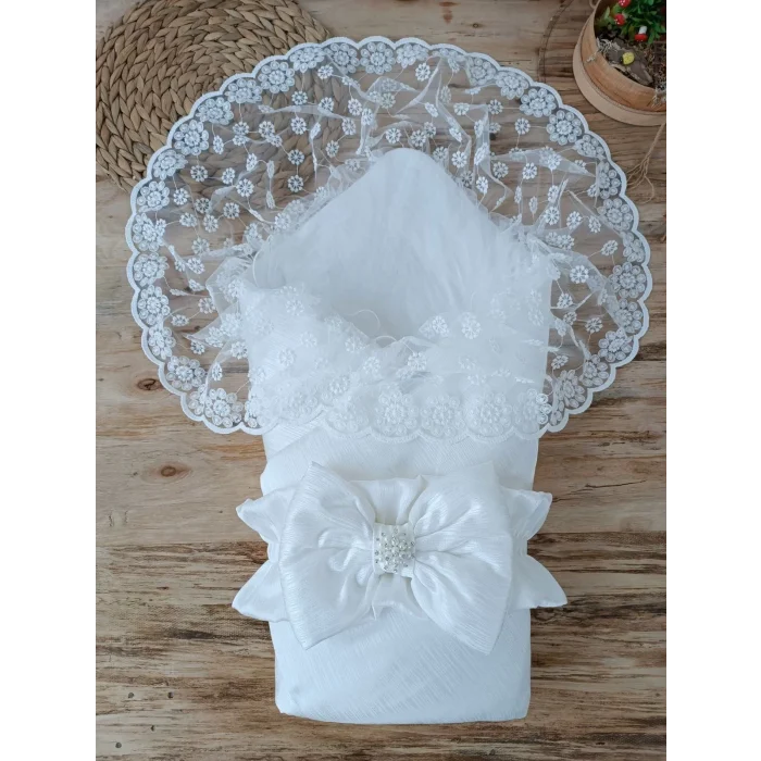 Luz&Pos Yenidoğan Ay Işığı Papatya Dantelli Taşlı Fiyonk Bebek Battaniyesi Kundak Ekru