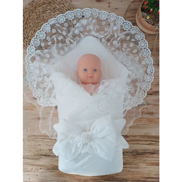 Luz&Pos Yenidoğan Ay Işığı Papatya Dantelli Taşlı Fiyonk Bebek Battaniyesi Kundak Ekru