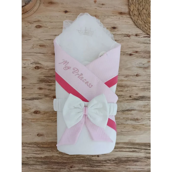 Luz&Pos Yenidoğan Bal Peteği My Prince Taç Nakışlı Delüks Kundak Bebek Battaniyesi Pembe