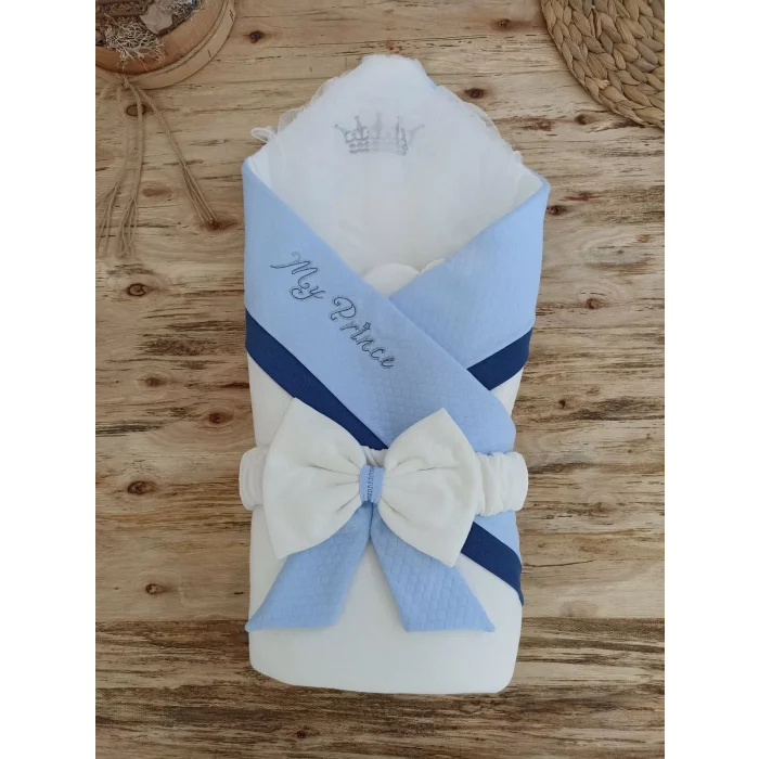 Luz&Pos Yenidoğan Bal Peteği My Prince Taç Nakışlı Delüks Kundak Bebek Battaniyesi Mavi
