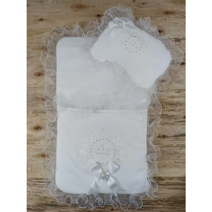 Luz&Pos Yenidoğan Bal Peteği Taç Nakışlı Kundaklı Trilüks 3lü Alt Açma Seti Ekru