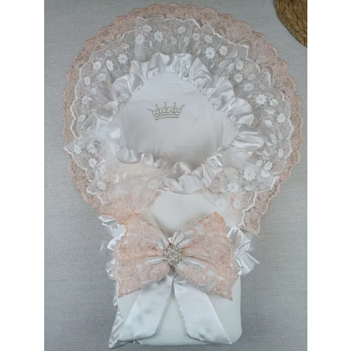 Luz&Pos Yenidoğan Bal Peteği Taç Nakışlı Lüks Kundak Bebek Battaniyesi Ekru