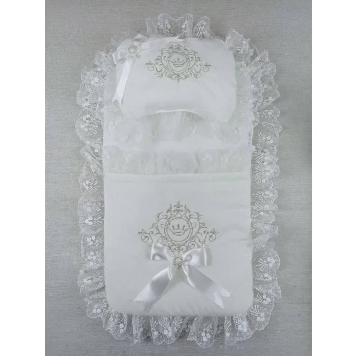 Luz&Pos Yenidoğan Bambu Taç Nakışlı Kundaklı Trilüks 3lü Alt Açma Seti Ekru