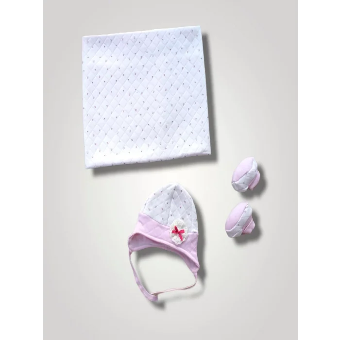 Luz&Pos Yenidoğan Baskılı Double Face Şapka Ve Patikli 3lü Bebek Battaniye Takımı Pembe
