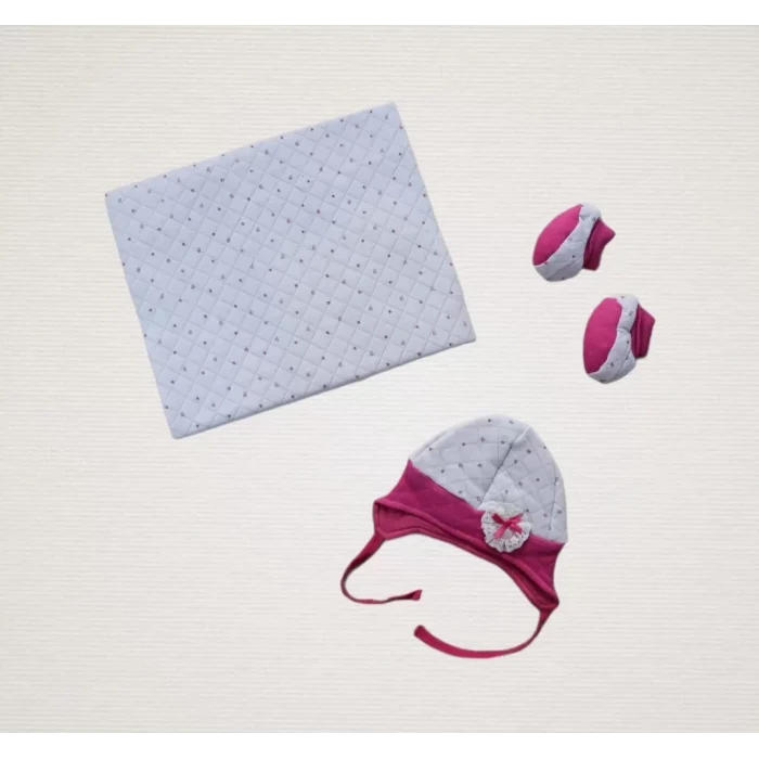 Luz&Pos Yenidoğan Baskılı Double Face Şapka Ve Patikli 3lü Bebek Battaniye Takımı Fuşya