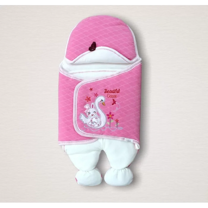 Luz&Pos Yenidoğan Çiçekli Ördek Nakışlı Şapkalı Kız Bebek Ayaklı Kundak Bebek Battaniyesi Pembe