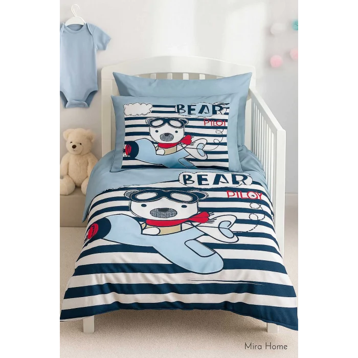 Yenidoğan Erkek Bebek Nevresim Takımı &#37;100 Pamuklu Bear Pilot