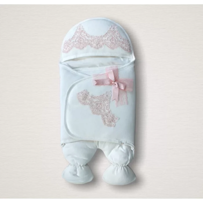 Luz&Pos Yenidoğan Fistolu Fiyonk Kurdelalı Şapkalı Lüks Kız Erkek Bebek Ayaklı Kundak Bebek Battaniyesi Pembe