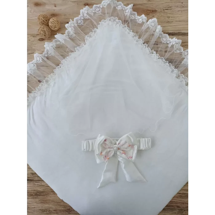 Luz&Pos Yenidoğan Hanımeli Desenli Taç Nakışlı Delüks Kundak Bebek Battaniyesi Ekru