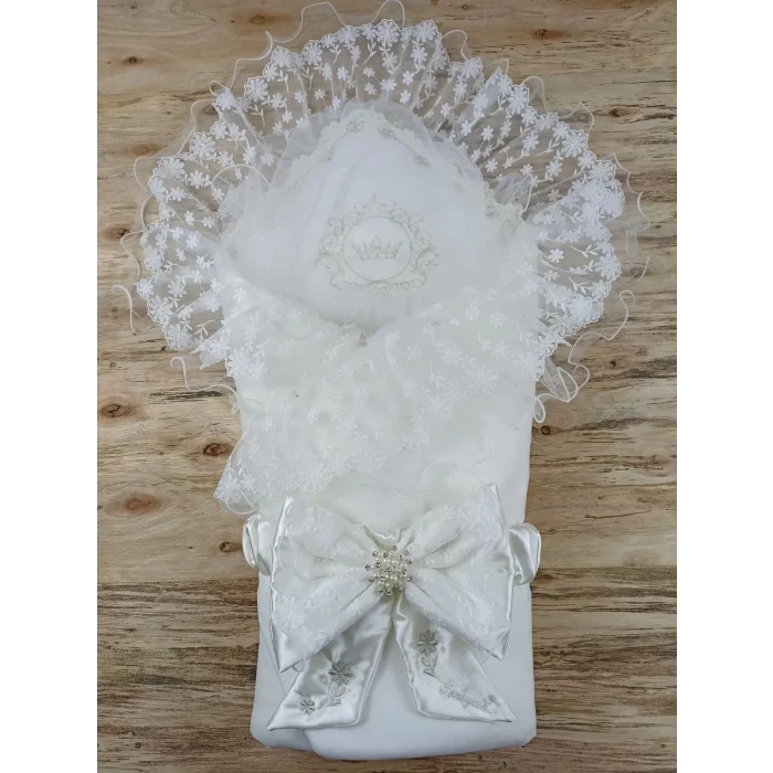 Luz&Pos Yenidoğan İpek Venüs Taç Nakışlı Delüks Kundak Bebek Battaniyesi Ekru