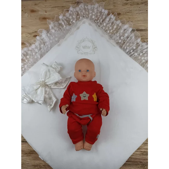 Luz&Pos Yenidoğan İpek Venüs Taç Nakışlı Delüks Kundak Bebek Battaniyesi Ekru