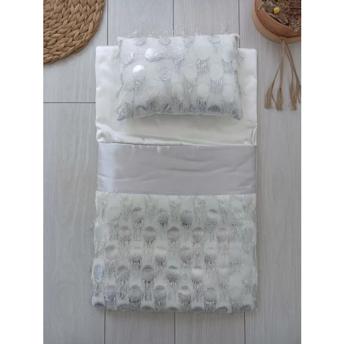 Luz&Pos Yenidoğan İzmir İncisi Tül İşlemeli Pamuklu Fiyonklu Kundaklı Lüks 3lü Alt Açma Seti Gümüş