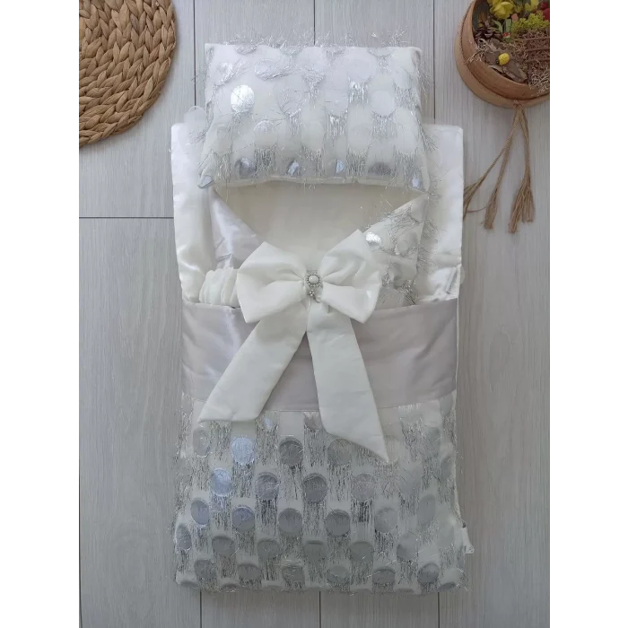 Luz&Pos Yenidoğan İzmir İncisi Tül İşlemeli Pamuklu Fiyonklu Kundaklı Lüks 3lü Alt Açma Seti Gümüş