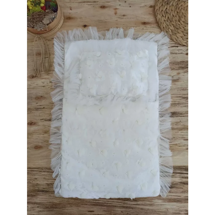 Luz&Pos Yenidoğan İzmir İncisi Tül İşlemeli Pamuklu Fiyonklu Kundaklı Lüks 3lü Alt Açma Seti Ekru