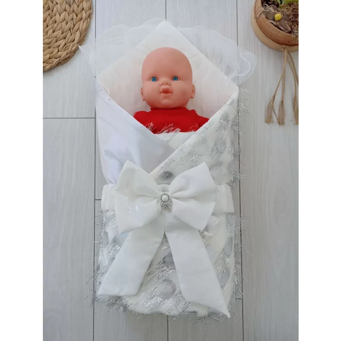 Luz&Pos Yenidoğan İzmir İncisi Tül İşlemeli Pamuklu Fiyonklu Kundaklı Lüks 3lü Alt Açma Seti Gümüş