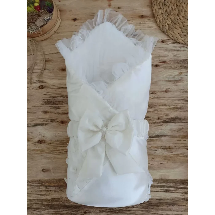 Luz&Pos Yenidoğan İzmir İncisi Tül İşlemeli Pamuklu Fiyonklu Kundaklı Lüks 3lü Alt Açma Seti Ekru