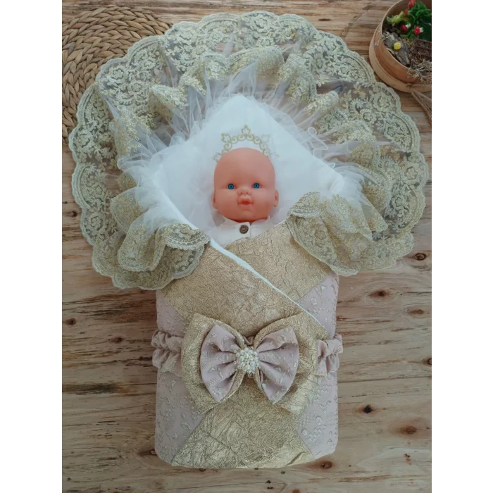 Luz&Pos Yenidoğan Kabartma Desenli Gold Çift Güpürlü Ve Fiyonklu Bebek Battaniyesi Kundak Gold