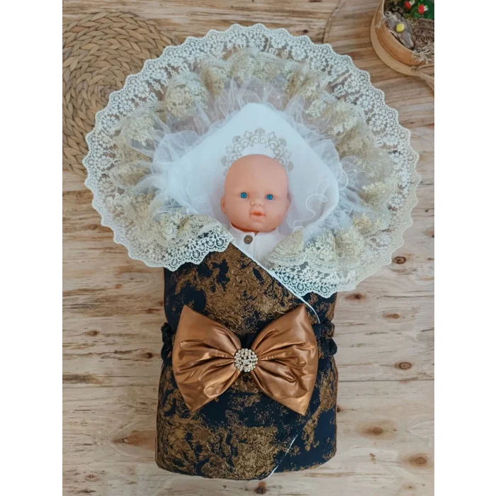 Luz&Pos Yenidoğan Kendinden Desenli Krom Fiyonklu Bebek Battaniyesi Kundak Bakır