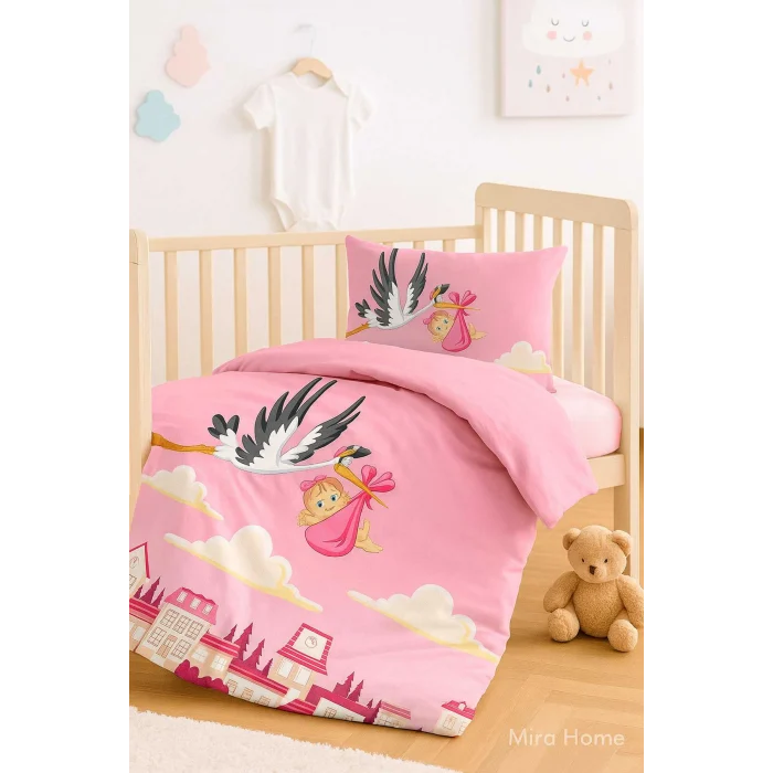 Yenidoğan Kız Bebek Nevresim Takımı &#37;100 Pamuklu Leylek