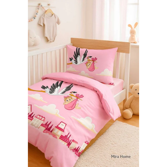 Yenidoğan Kız Bebek Nevresim Takımı &#37;100 Pamuklu Leylek