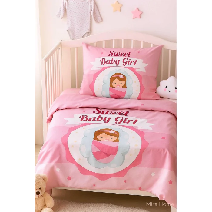 Yenidoğan Kız Bebek Nevresim Takımı &#37;100 Pamuklu Sweet Baby Girl