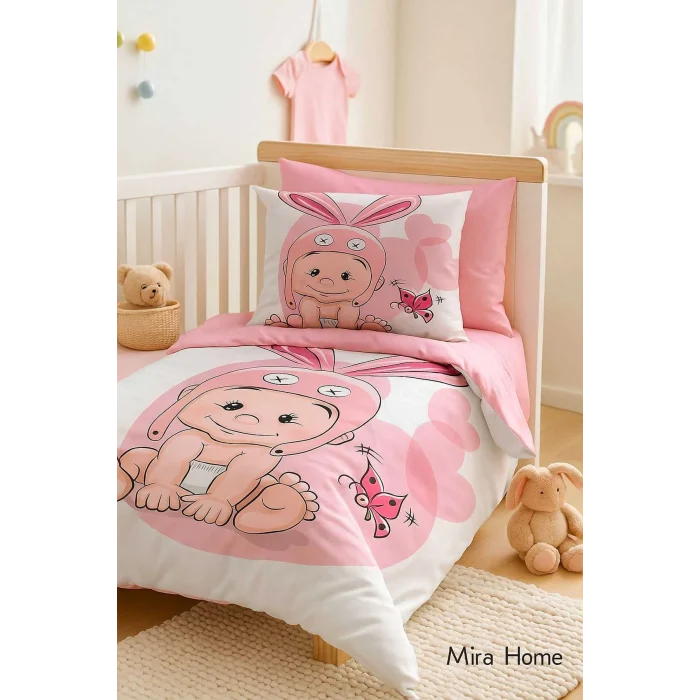 Yenidoğan Kız Bebek Nevresim Takımı &#37;100 Pamuklu Tavşan Kulak