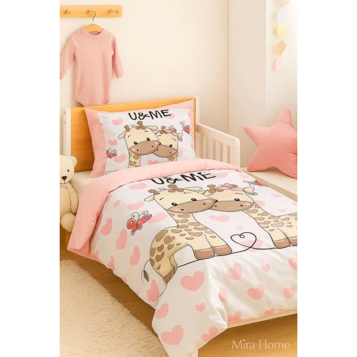 Yenidoğan Kız Bebek Nevresim Takımı &#37;100 Pamuklu Zürafa