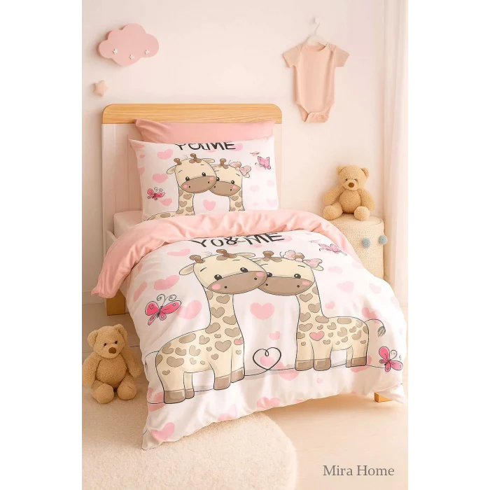 Yenidoğan Kız Bebek Nevresim Takımı &#37;100 Pamuklu Zürafa