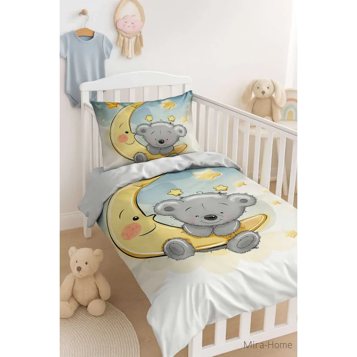 Yenidoğan Kız / Erkek Unisex Bebek Nevresim Takımı &#37;100 Pamuklu Aydaki Ayıcık