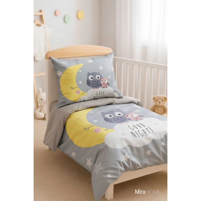 Yenidoğan Kız / Erkek Unisex Bebek Nevresim Takımı &#37;100 Pamuklu Good Night Gri