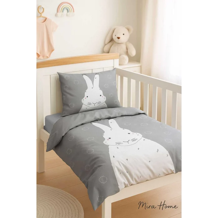 Yenidoğan Kız / Erkek Unisex Bebek Nevresim Takımı &#37;100 Pamuklu Gri Tavşan