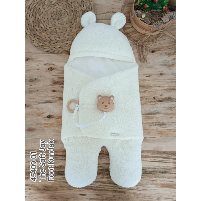 Luz&Pos Yenidoğan Kulaklı Şapkalı Açılır Kucaklı Cırt Kapamalı Ayaklı Bebek Battaniyesi Kundak Krem