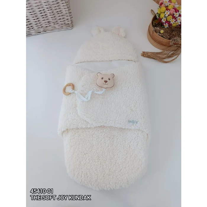 Luz&Pos Yenidoğan Kulaklı Şapkalı Açılır Kucaklı Cırt Kapamalı Bebek Battaniyesi Kundak Krem