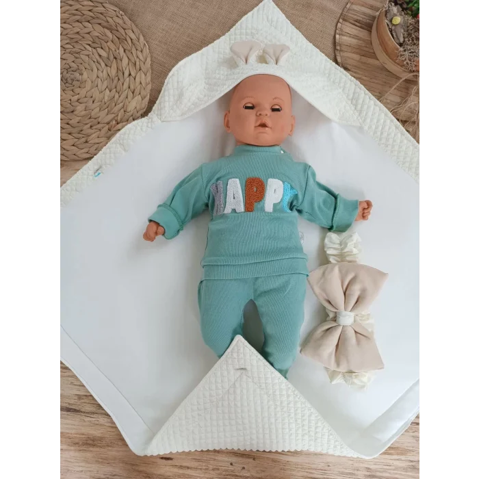 Luz&Pos Yenidoğan Kulaklı Şapkalı Düğme Detaylı Fiyonklu Bebek Battaniyesi Kundak Krem