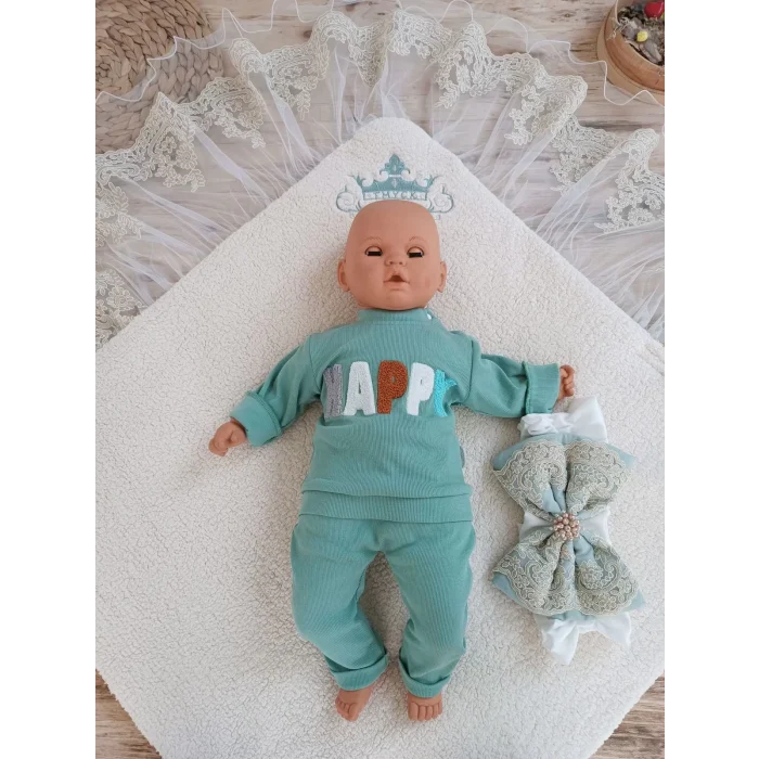 Luz&Pos Yenidoğan Kuzulu Taç Nakış Güpürlü Fiyonklu Duvaklı Prizma Taş Unisex Kundak Bebek Battaniyesi Su Yeşili