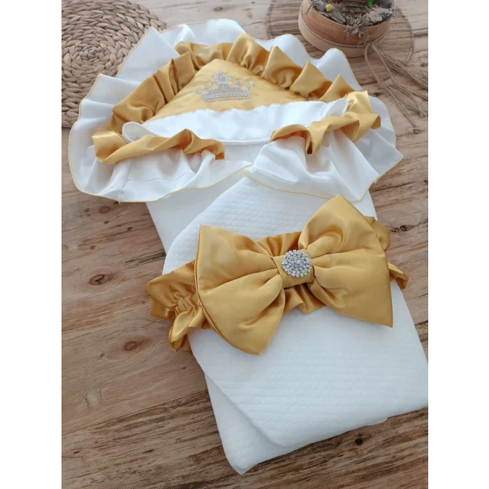 Luz&Pos Yenidoğan Mehtap Lüks Kelebek Taç Nakışlı Bebek Battaniyesi Kundak Sarı