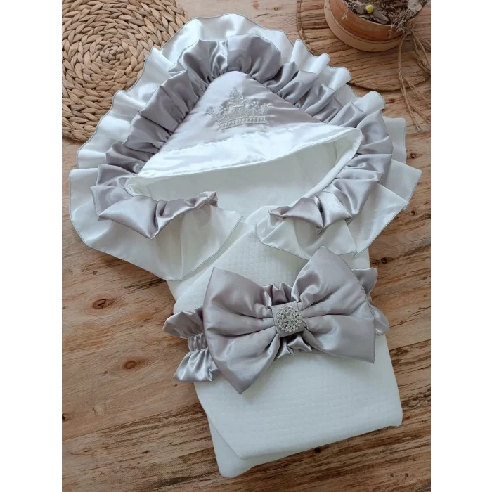 Luz&Pos Yenidoğan Mehtap Lüks Kelebek Taç Nakışlı Bebek Battaniyesi Kundak Gri
