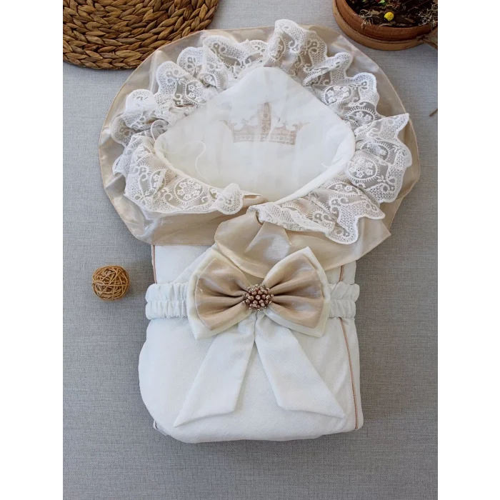 Luz&Pos Yenidoğan Nil Taç Nakışlı Kumru Kundak Bebek Battaniyesi Sütlü Kahve