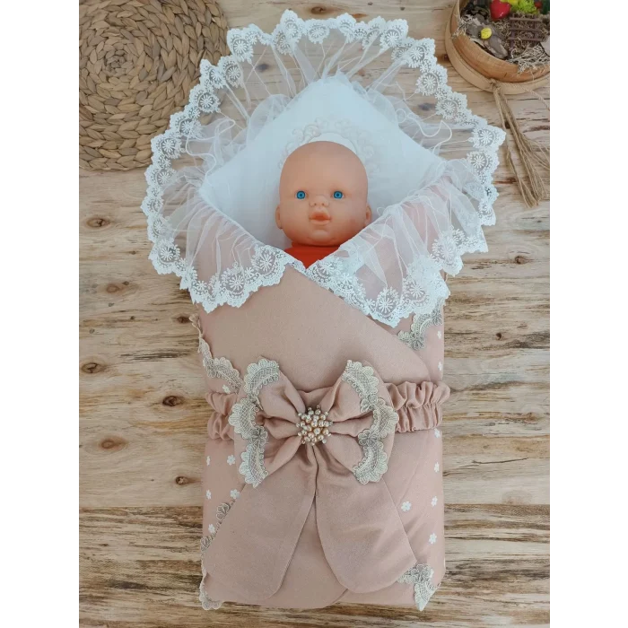 Luz&Pos Yenidoğan Pamuk Papatya Desenli Trilüks Unisex Kundak Bebek Battaniyesi Kahverengi