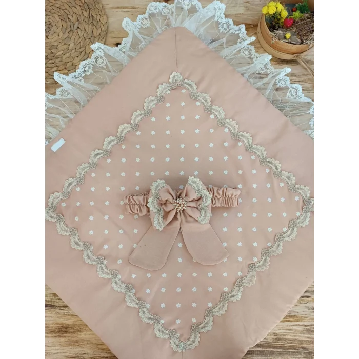 Luz&Pos Yenidoğan Pamuk Papatya Desenli Trilüks Unisex Kundak Bebek Battaniyesi Kahverengi