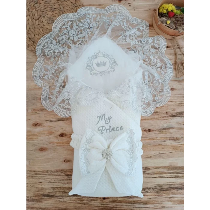 Luz&Pos Yenidoğan Pamuk Taç Benim Prensim Nakışlı Trilüks Kundak Bebek Battaniyesi Ekru